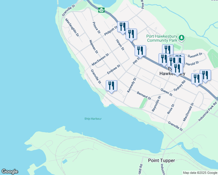 map of restaurants, bars, coffee shops, grocery stores, and more near 17 Pitt Street in Port Hawkesbury
