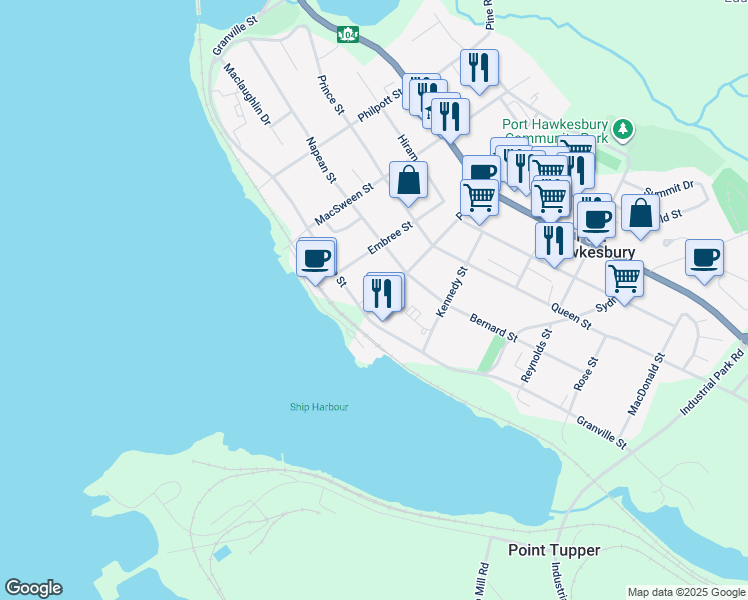 map of restaurants, bars, coffee shops, grocery stores, and more near 17 Pitt Street in Port Hawkesbury