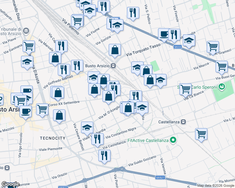 map of restaurants, bars, coffee shops, grocery stores, and more near 3BIS A Viale Venezia in Busto Arsizio
