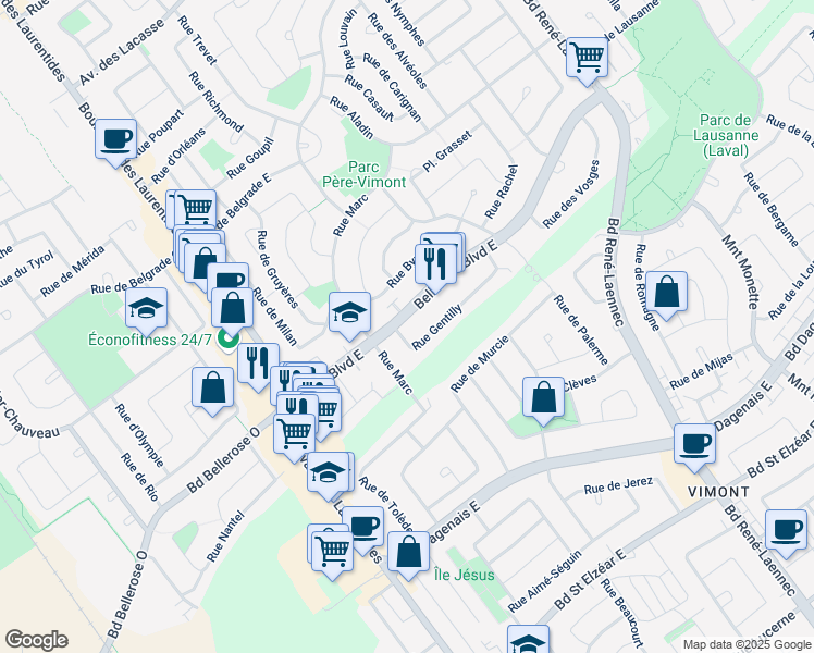 map of restaurants, bars, coffee shops, grocery stores, and more near 56 Bellerose Boulevard East in Laval