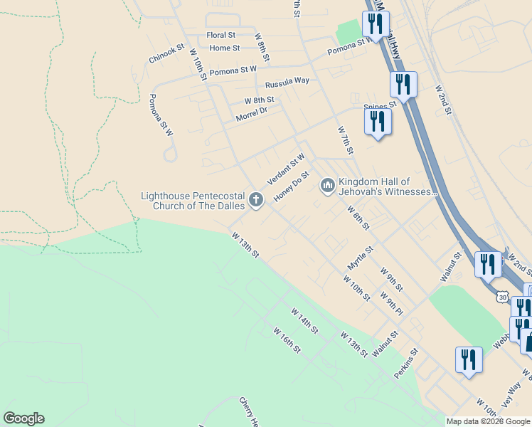 map of restaurants, bars, coffee shops, grocery stores, and more near 2604 West 10th Street in The Dalles