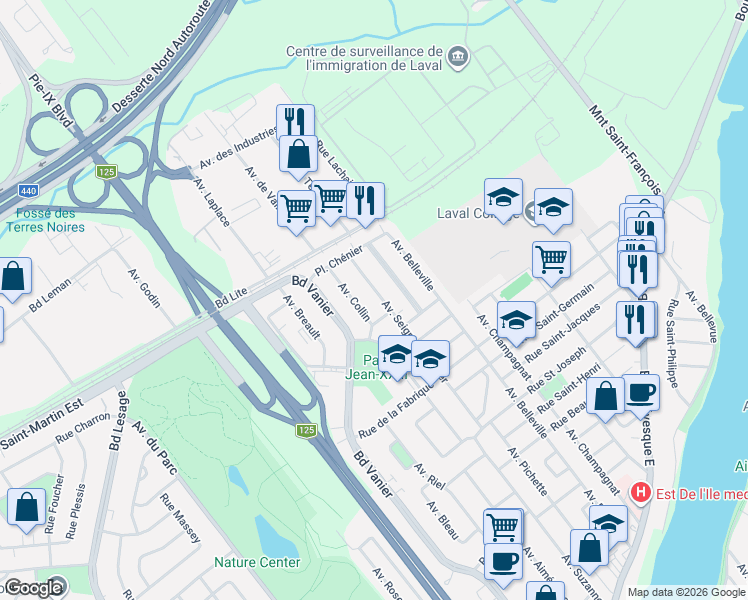 map of restaurants, bars, coffee shops, grocery stores, and more near 1142 Avenue Seigneur-Lussier in Laval