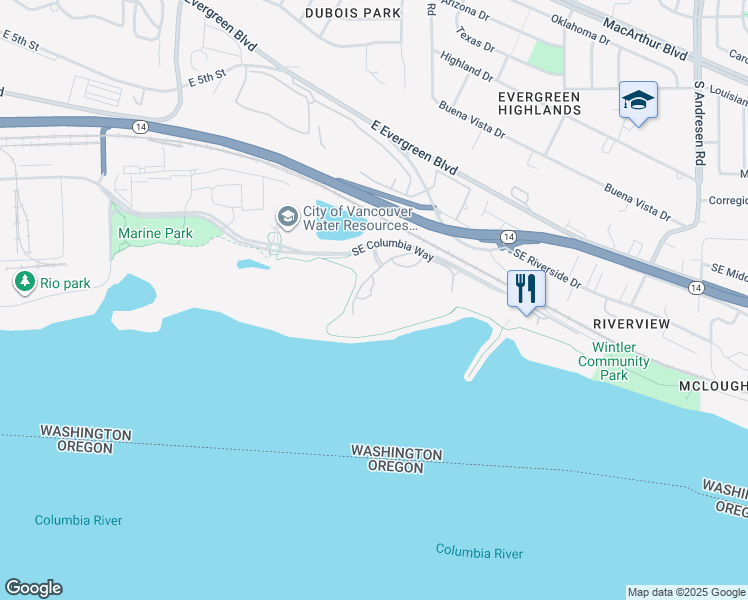 map of restaurants, bars, coffee shops, grocery stores, and more near 5433 Southeast Scenic Lane in Vancouver