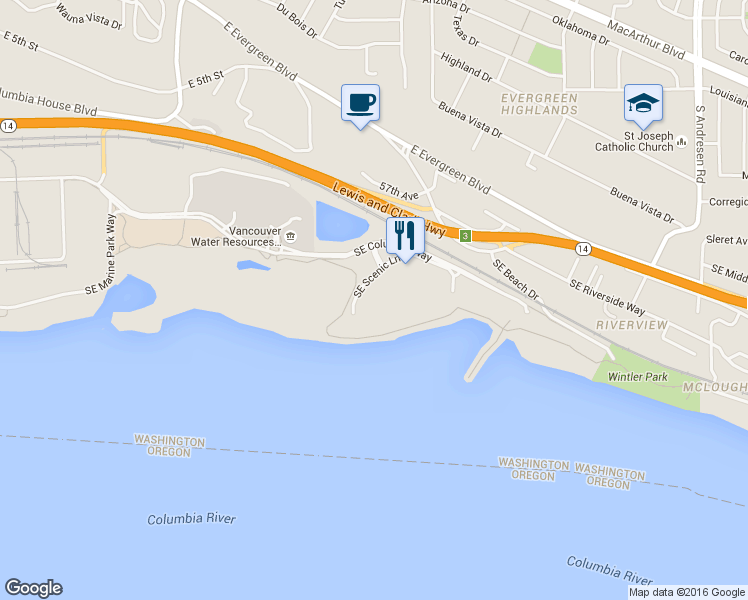 map of restaurants, bars, coffee shops, grocery stores, and more near 5433 Southeast Scenic Lane in Vancouver