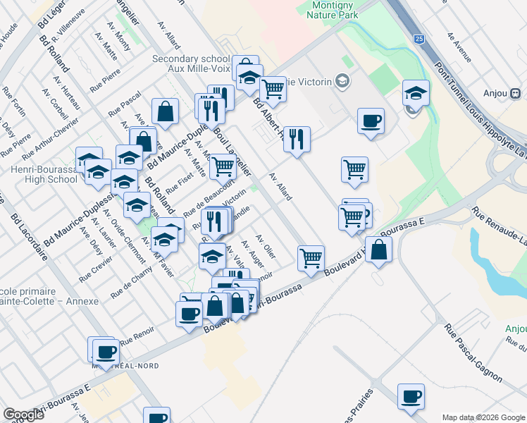 map of restaurants, bars, coffee shops, grocery stores, and more near 11541 Rue de Normandie in Montréal