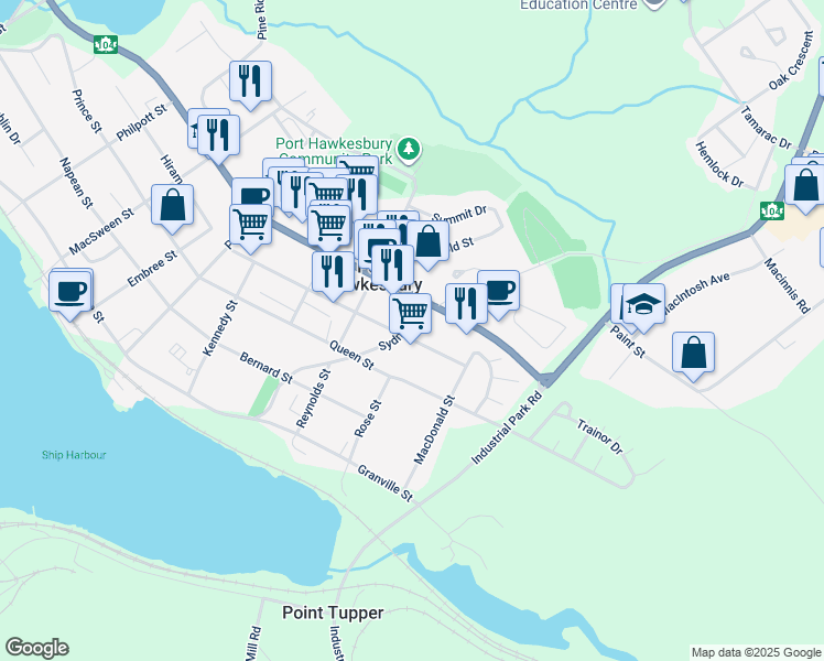 map of restaurants, bars, coffee shops, grocery stores, and more near 302 Sydney Road in Port Hawkesbury