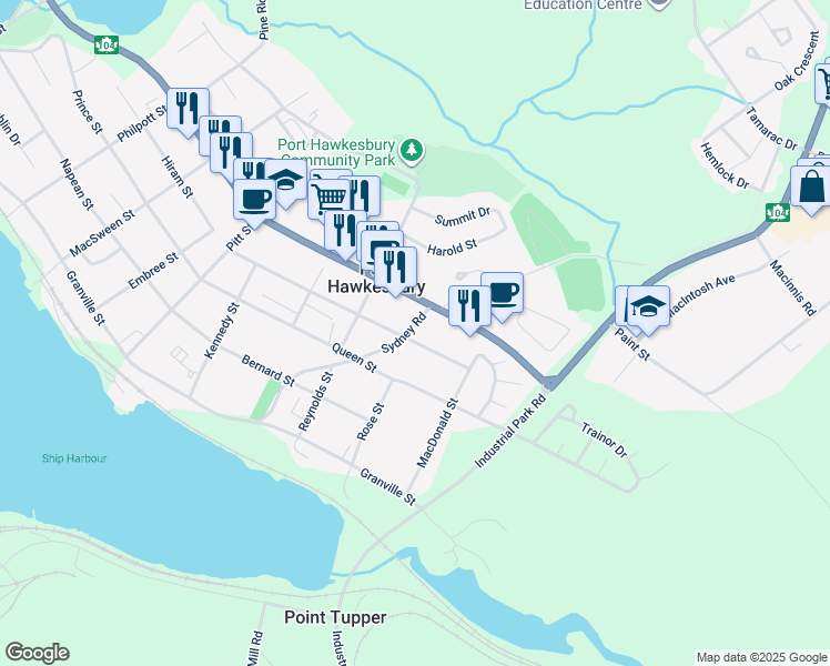 map of restaurants, bars, coffee shops, grocery stores, and more near 302 Sydney Road in Port Hawkesbury