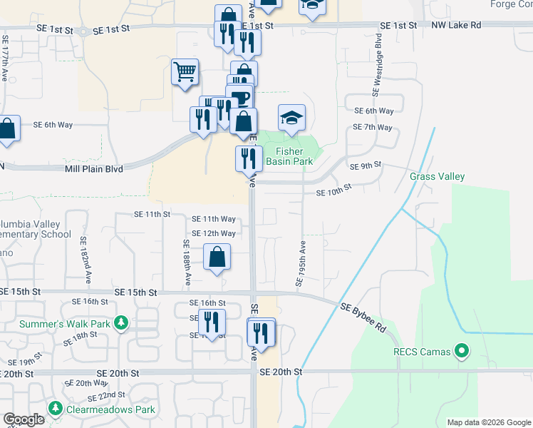 map of restaurants, bars, coffee shops, grocery stores, and more near 1107 Southeast 193rd Place in Camas