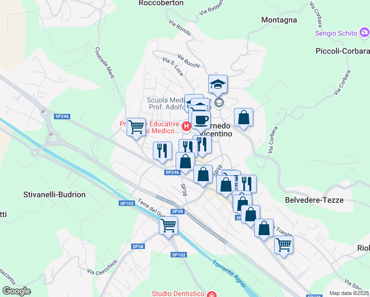 map of restaurants, bars, coffee shops, grocery stores, and more near 78 Via G. Marconi in Cornedo Vicentino