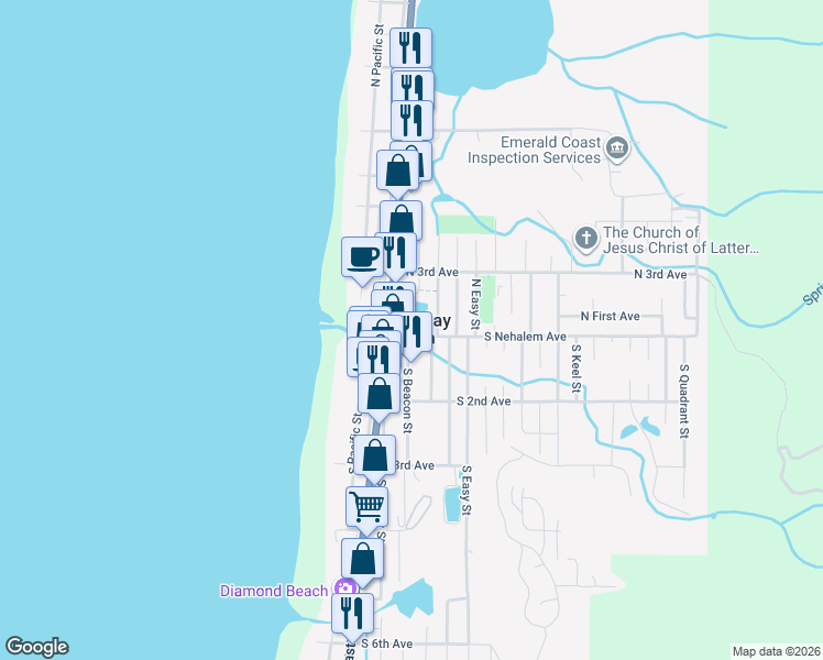 map of restaurants, bars, coffee shops, grocery stores, and more near in Rockaway Beach