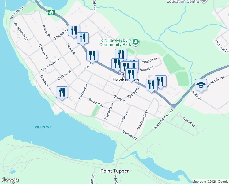 map of restaurants, bars, coffee shops, grocery stores, and more near 648 Queen Street in Port Hawkesbury