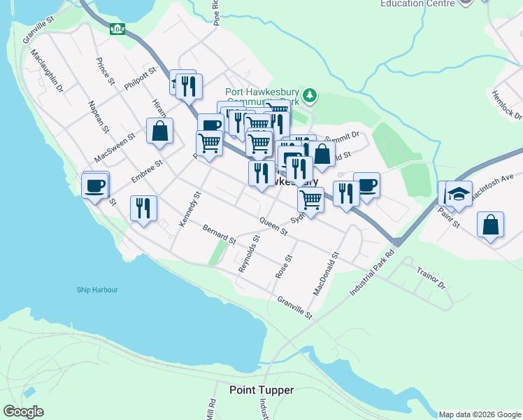 map of restaurants, bars, coffee shops, grocery stores, and more near 648 Queen Street in Port Hawkesbury