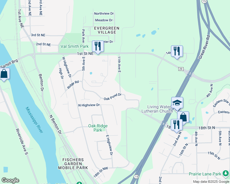 map of restaurants, bars, coffee shops, grocery stores, and more near 937 Oak Pond Drive in Sartell