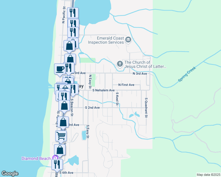 map of restaurants, bars, coffee shops, grocery stores, and more near 825 South Nehalem Avenue in Rockaway Beach