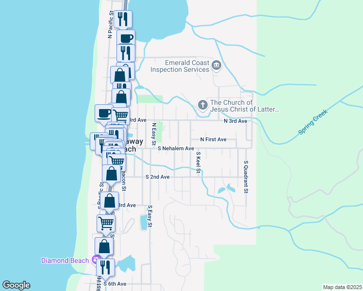 map of restaurants, bars, coffee shops, grocery stores, and more near 825 South Nehalem Avenue in Rockaway Beach