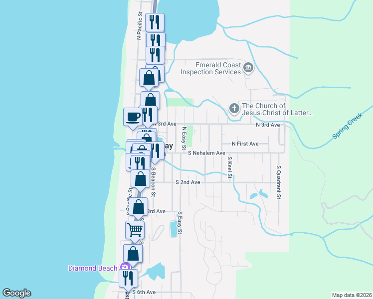 map of restaurants, bars, coffee shops, grocery stores, and more near 110 North Easy Street in Rockaway Beach