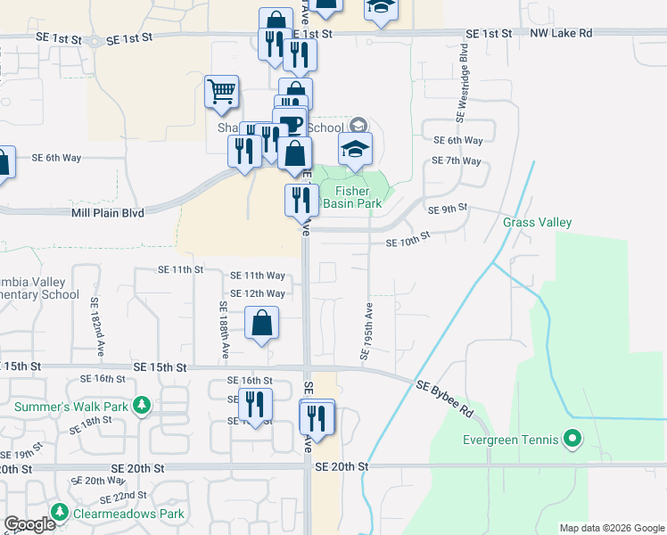 map of restaurants, bars, coffee shops, grocery stores, and more near 1104 Southeast 194th Place in Camas