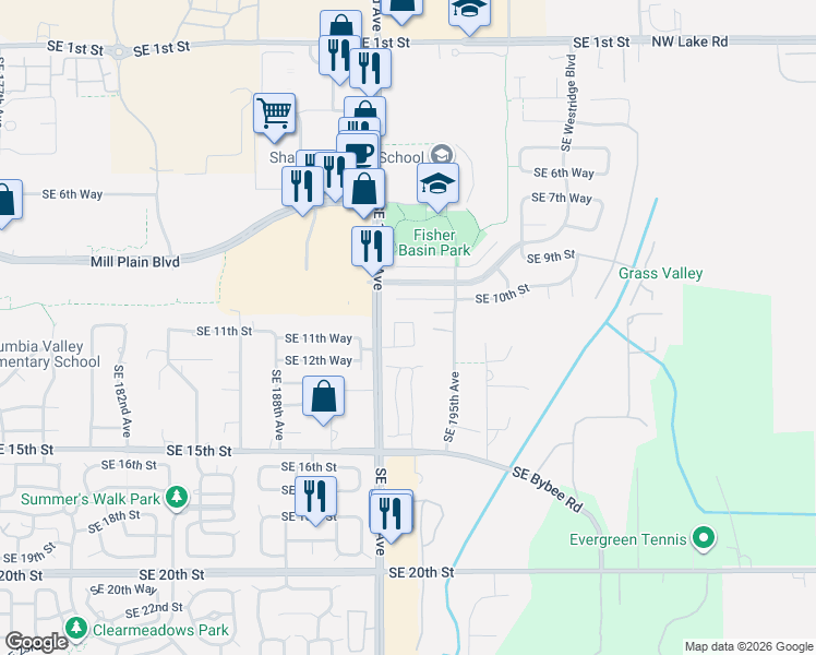 map of restaurants, bars, coffee shops, grocery stores, and more near 1104 Southeast 194th Place in Camas
