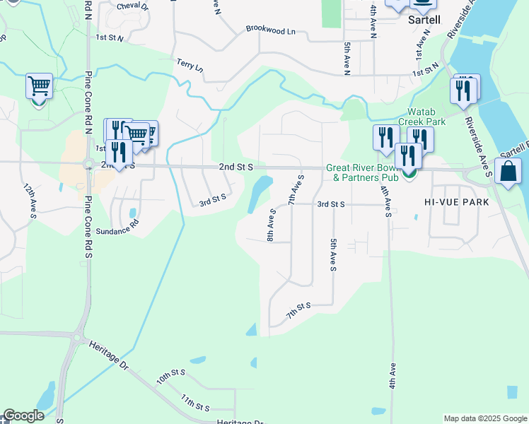map of restaurants, bars, coffee shops, grocery stores, and more near 309 8th Avenue South in Sartell