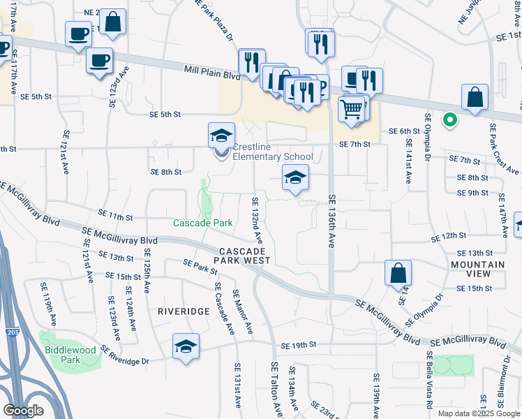 map of restaurants, bars, coffee shops, grocery stores, and more near 1021 Southeast 132nd Avenue in Vancouver