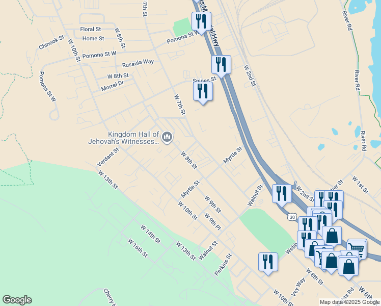 map of restaurants, bars, coffee shops, grocery stores, and more near 2425 West 8th Street in The Dalles
