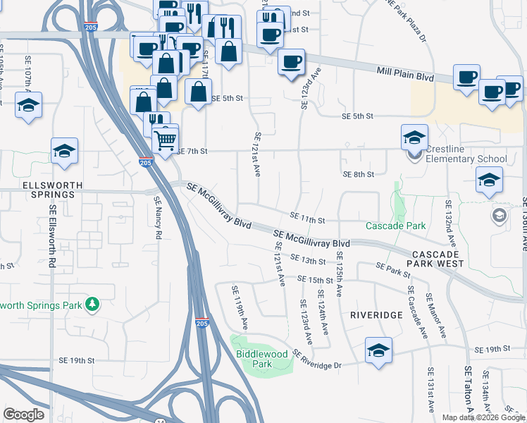 map of restaurants, bars, coffee shops, grocery stores, and more near 12017 Southeast 11th Street in Vancouver
