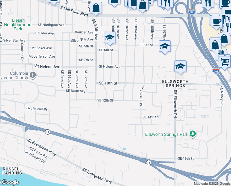 map of restaurants, bars, coffee shops, grocery stores, and more near 10009 Southeast 11th Street in Vancouver