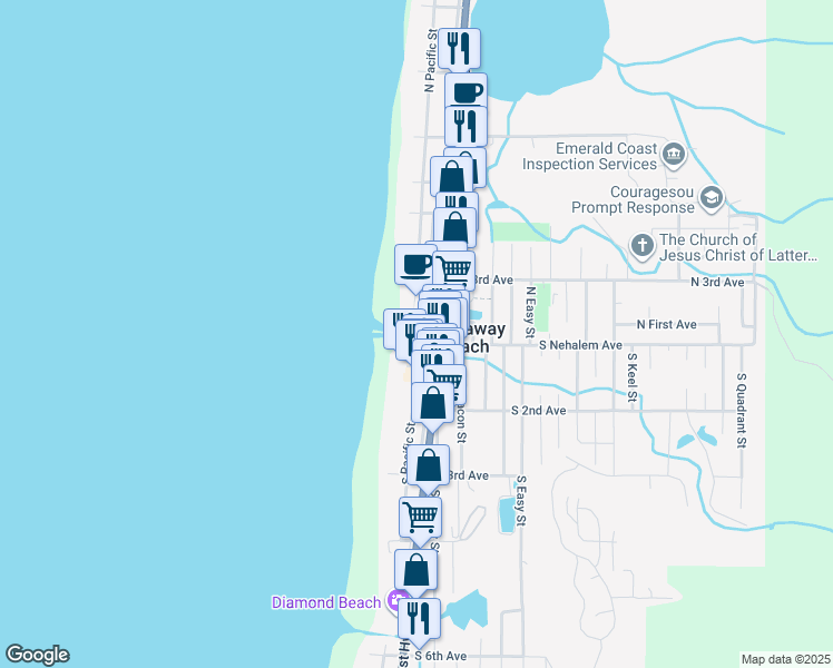 map of restaurants, bars, coffee shops, grocery stores, and more near 115 North Miller Street in Rockaway Beach