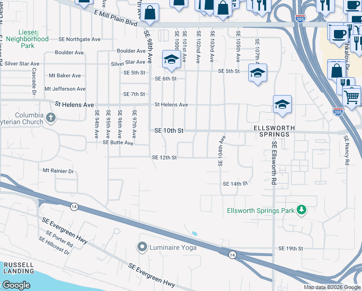 map of restaurants, bars, coffee shops, grocery stores, and more near 10009 Southeast 11th Street in Vancouver