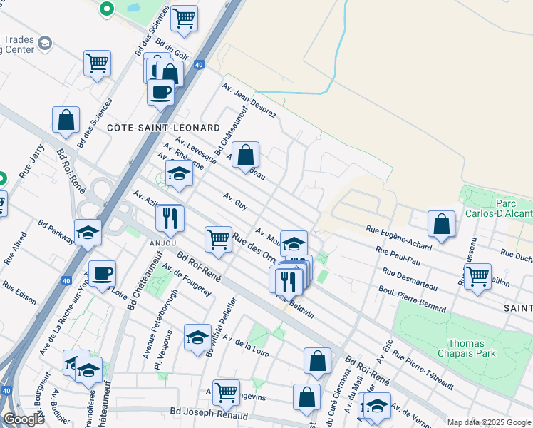 map of restaurants, bars, coffee shops, grocery stores, and more near 8830 Avenue Georges in Montréal