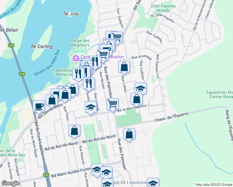 map of restaurants, bars, coffee shops, grocery stores, and more near 1540 Rue des Patriotes in Laval