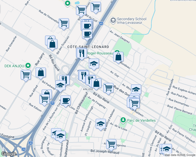map of restaurants, bars, coffee shops, grocery stores, and more near 7480 Avenue des Ormeaux in Montréal