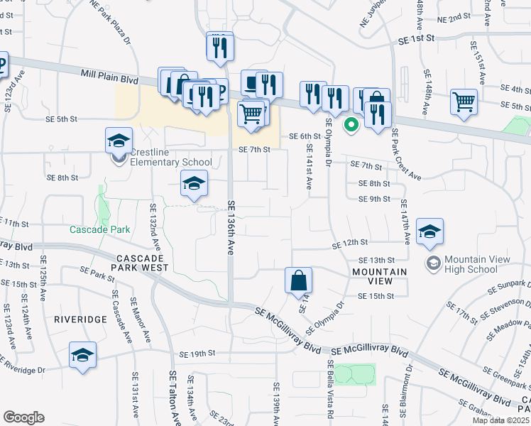 map of restaurants, bars, coffee shops, grocery stores, and more near 13720 Southeast 11th Circle in Vancouver