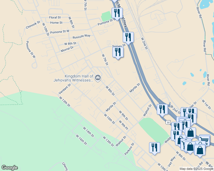 map of restaurants, bars, coffee shops, grocery stores, and more near 2425 West 8th Street in The Dalles
