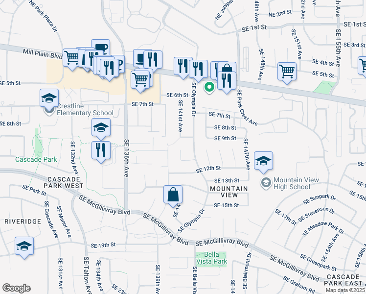 map of restaurants, bars, coffee shops, grocery stores, and more near 1005 Southeast 141st Court in Vancouver