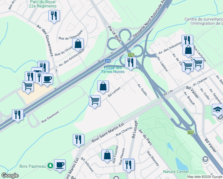 map of restaurants, bars, coffee shops, grocery stores, and more near Boulevard Leman in Laval