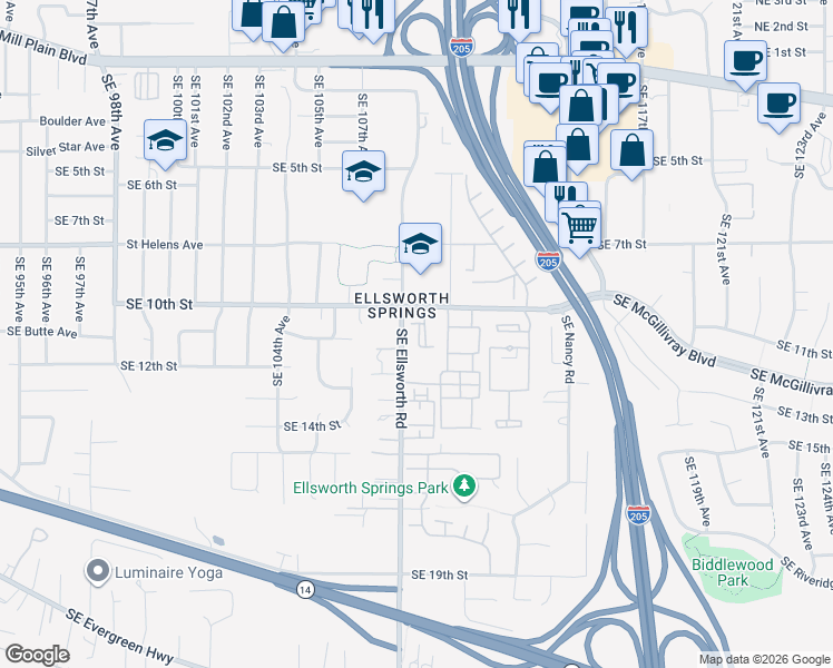 map of restaurants, bars, coffee shops, grocery stores, and more near 10883 Southeast 10th Street in Vancouver