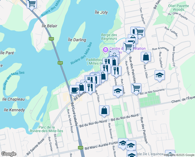 map of restaurants, bars, coffee shops, grocery stores, and more near 233 Boulevard Sainte-Rose in Laval