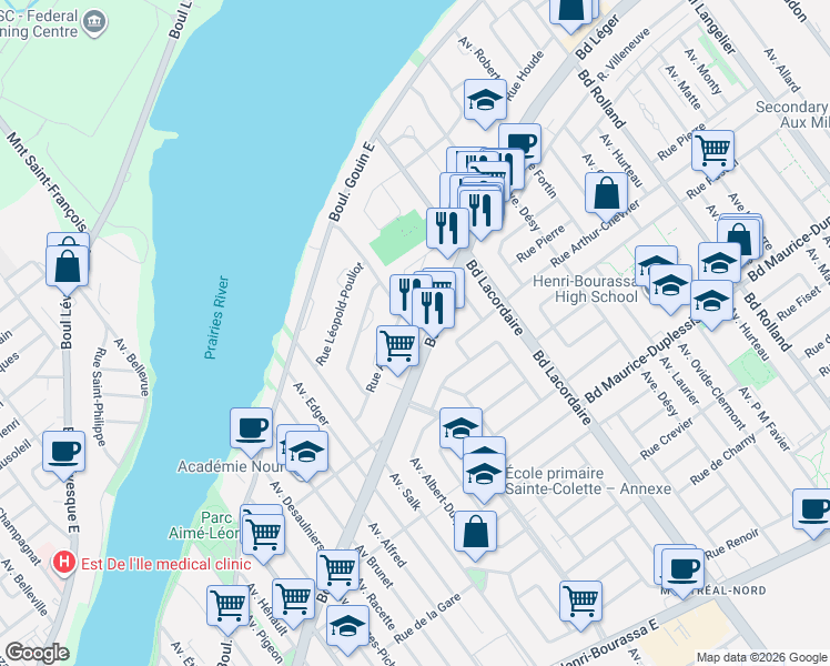 map of restaurants, bars, coffee shops, grocery stores, and more near 5601 Boulevard Léger in Montréal