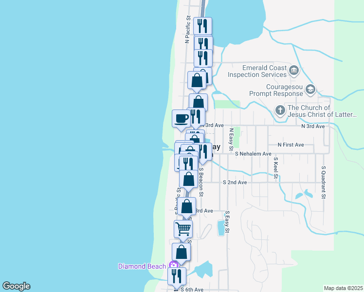 map of restaurants, bars, coffee shops, grocery stores, and more near 115 North Miller Street in Rockaway Beach