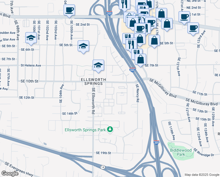map of restaurants, bars, coffee shops, grocery stores, and more near 1221 Southeast Ellsworth Road in Vancouver