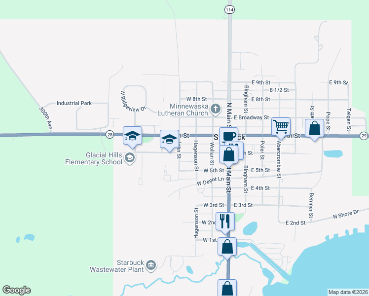 map of restaurants, bars, coffee shops, grocery stores, and more near 306 West 6th Street in Starbuck