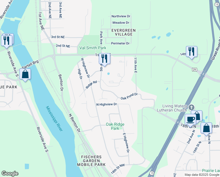 map of restaurants, bars, coffee shops, grocery stores, and more near 511 Oak Pond Drive in Sartell