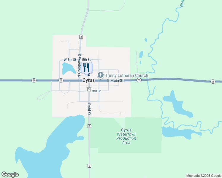 map of restaurants, bars, coffee shops, grocery stores, and more near 301 Stromen Street in Cyrus