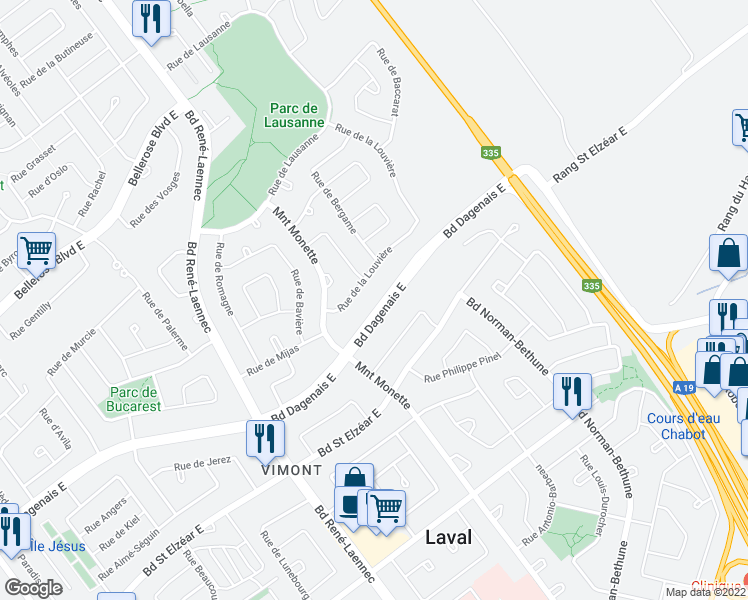 map of restaurants, bars, coffee shops, grocery stores, and more near 465 Boulevard Dagenais Est in Laval