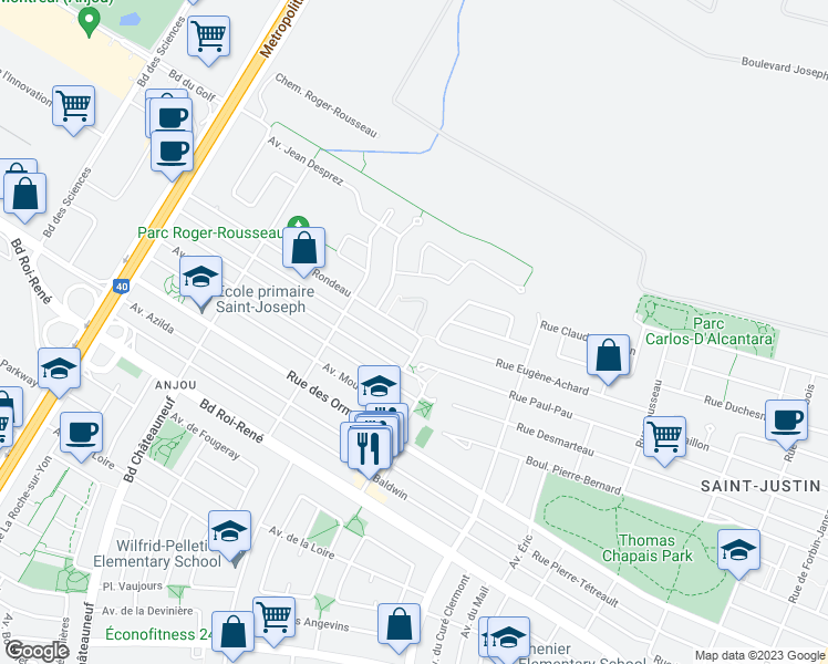 map of restaurants, bars, coffee shops, grocery stores, and more near 6911 Avenue Rondeau in Montreal