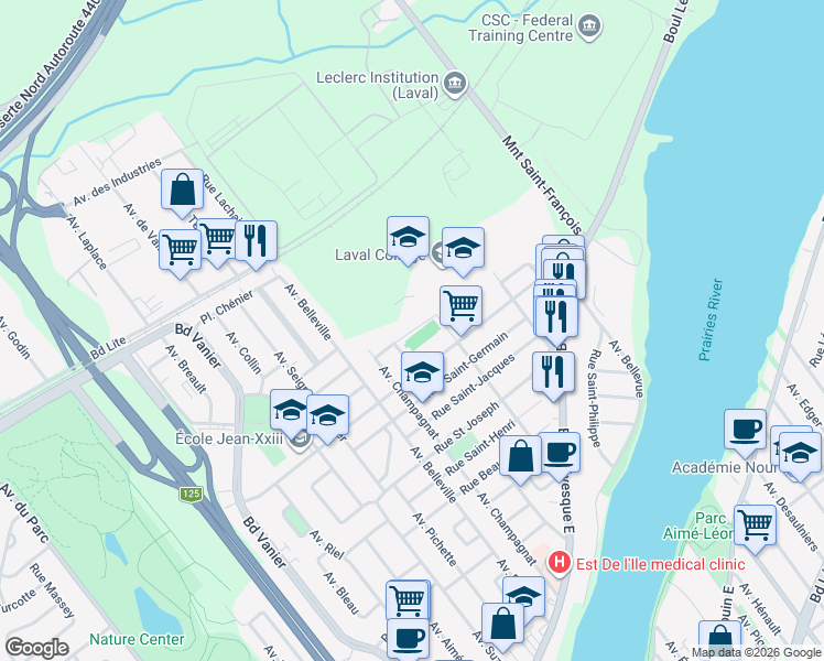 map of restaurants, bars, coffee shops, grocery stores, and more near Rue Laval in Laval