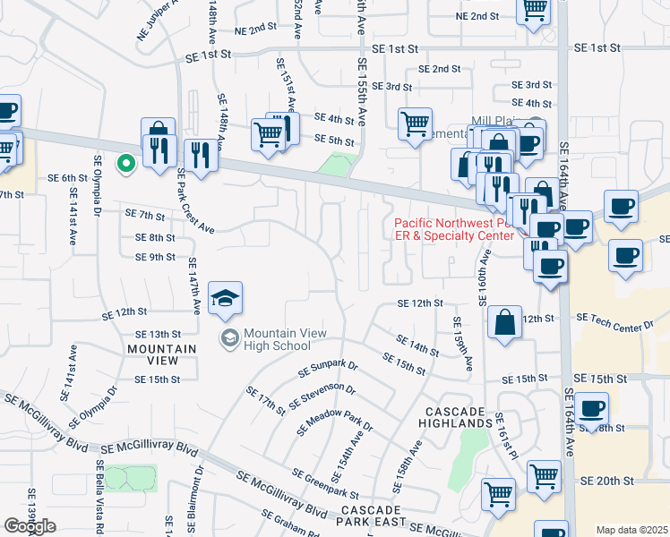 map of restaurants, bars, coffee shops, grocery stores, and more near 1020 Southeast Park Crest Avenue in Vancouver
