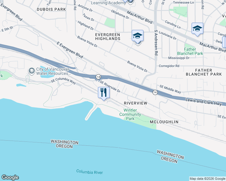 map of restaurants, bars, coffee shops, grocery stores, and more near 6019 Southeast Riverside Drive in Vancouver