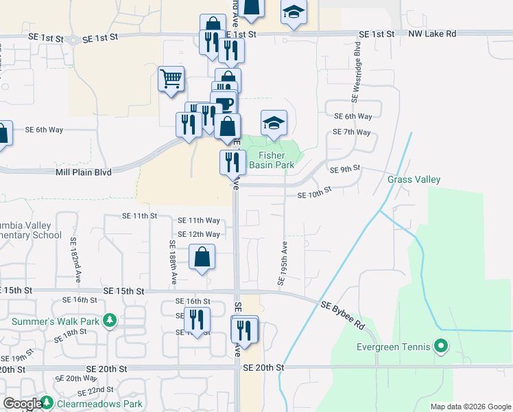 map of restaurants, bars, coffee shops, grocery stores, and more near 19312 Southeast 11th Way in Vancouver